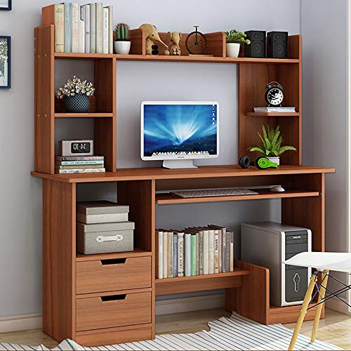 XM&LZ Modern Computer Desk with Hutch and Bookshelf,47 Inches Laptop PC Table with 2 Drawer Shelves,Large Writing Study Table for Home Office-Walnut 120x45x132cm(47x18x52inch)