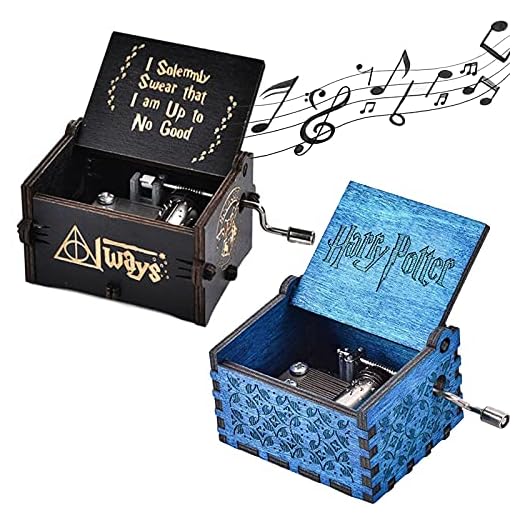 NAMIS 2 Piezas Caja de Música de Manivela de Madera Caja de Musica Harry Potter Caja de MúSica Tallada Antigüedad Cumpleaños Aniversario (Azul/Negro)