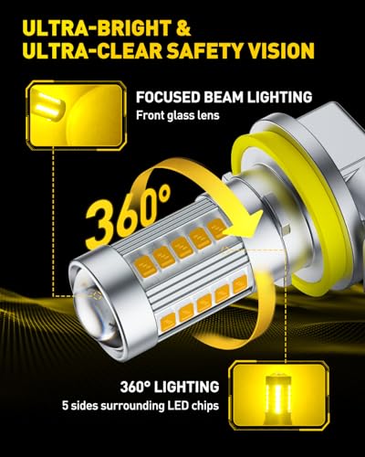 Image of AUXITO Upgraded H11 /H8 LED Fog Light Bulbs, 3000K Amber Yellow, 1:1 Mini Size H11 /H8 /H16 Yellow LED Fog Light Bulbs, 360 Full Illumination(Pack of 2)