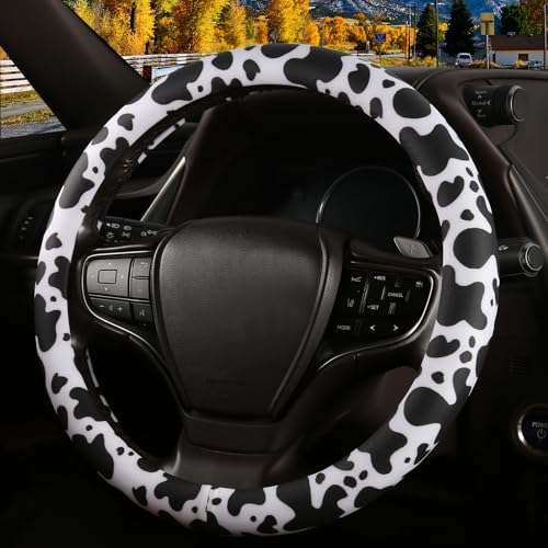 SthExtra Cow Print Steering Wheel Cover with Silicone Inner Ring Non-Toxic Odorless Silicone Leather with Non-Fading Cow Pattern for Men Women Universal 14.5 to 15 Inch (Cow Print)