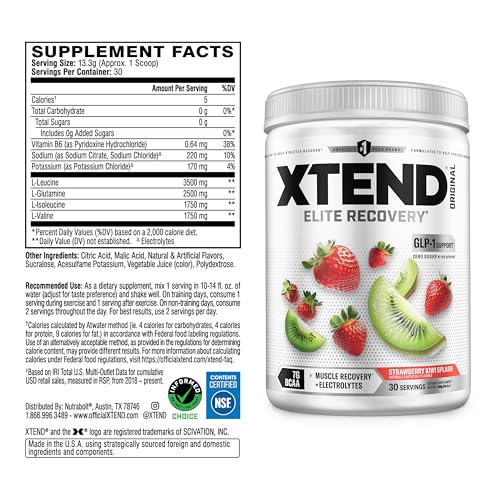 Image of Xtend Original BCAA Powder, 7g BCAAs and 2.5g L-Glutamine for Muscle Recovery Hydration and Lean Muscle, Sugar Free Intra and Post Workout Drink with Electrolytes, Strawberry Kiwi Splash, 30 Servings