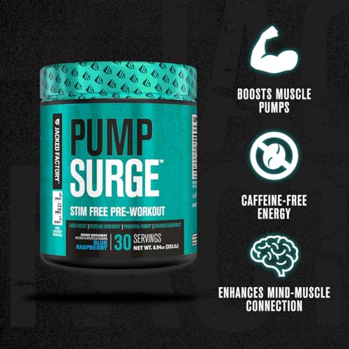 Image of Jacked Factory Pumpsurge Caffeine Free Pre Workout for Men & Women - Nootropic Booster & Stim Free Pre Workout - Intense Pumps, Enhanced Focus - 30 Servings, Blue Raspberry
