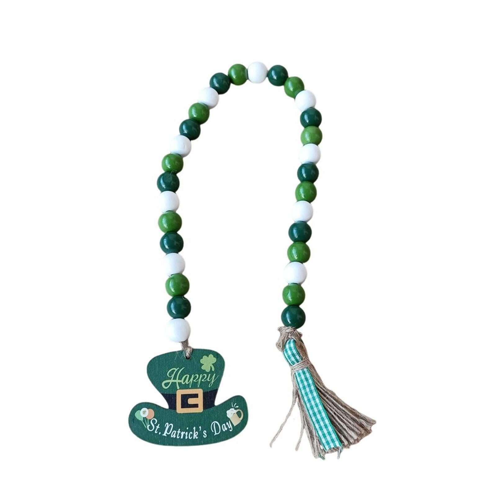 Kalttoy Wooden Beads StPatrick ' s Day Decoration Wood Bead String Hat Wall Hanger Green Decor Irish Bead Garlands Wooden String with Tassels