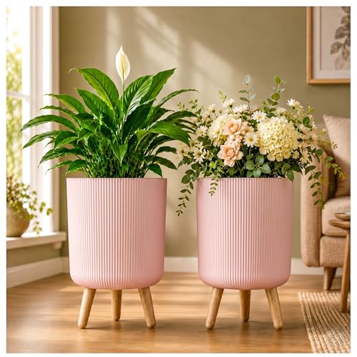 Image of Eightiz Store Modern Pink Flower Pot with Plastic Legs | Indoor Outdoor Planter for Home Garden Balcony Decor Ribbed Design Sturdy Plastic Mid-Century Style (Pink, Pack of 2)