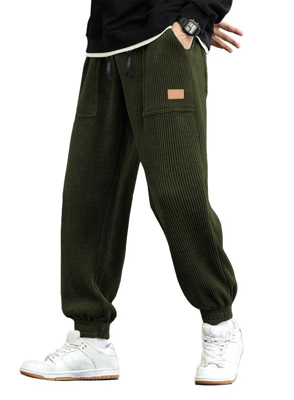 JMIERR Herren Corduroy Jogginghose Grün Casual Cargo Jogger Baggy Trainingshose Elastische Taille Sweathose M
