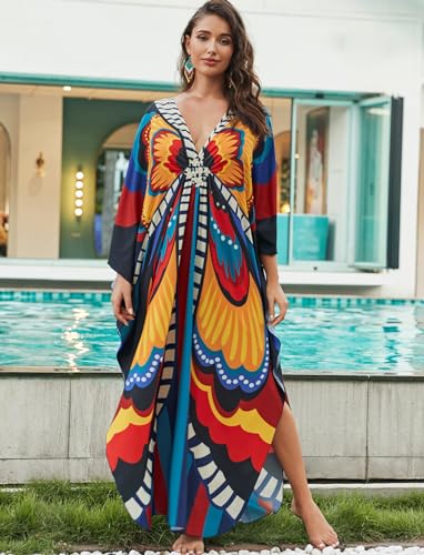 Image of KECVOT Kaftan Dresses for Women Plus Size Batwing Sleeve Caftans Long Bathing Suit Cover Up Maxi Beach Dress Loungewear