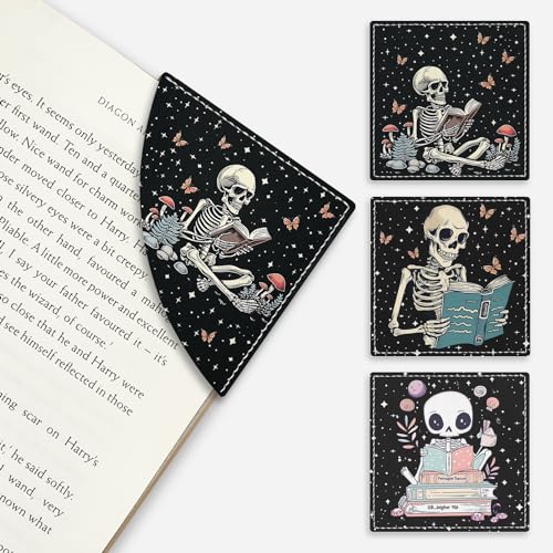 Icycay Skeleton Book Corner Bookmarks, Funny Leather Book Accessories for Book Lovers, 3 Pcs Reading...