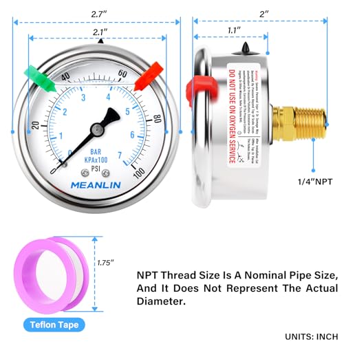 Image of MEANLIN MEASURE 0~100Psi Liquid Filled Pressure Gauge 1 /4 inch NPT 2.5 inch FACE DIAL Stainless Steel Glycerin Filled WOG Water Oil Air Back Mount (with 2PCS Snaps)