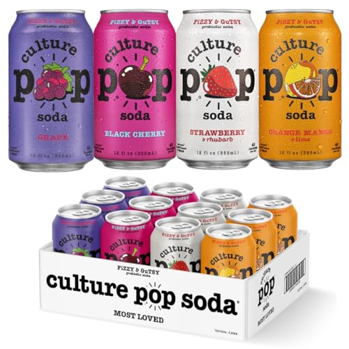 Culture Pop Soda, Most Loved Variety Pack, Probiotic Low Sugar Soda, Sparkling Juice Alternative, Non-GMO, Kosher, Gluten-Free, No Stevia (12pk)