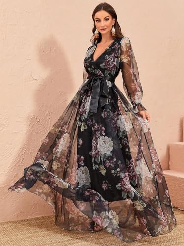 Image of TOLEEN Summer Casual Dresses for Women 2024 Spring Fashion Boho V Neck Long Sleeve Ruffle Floral Print Elegant Maxi Dress