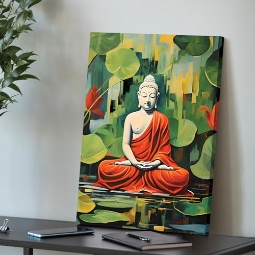 PAINTINGMANTRA Stretched Modern Canvas Wall Art Painting, Peaceful Lord Buddha Tropical Artwork for Living Room, Home, Bedroom, Office Decoration (Set of 1, 16x22 Inch)