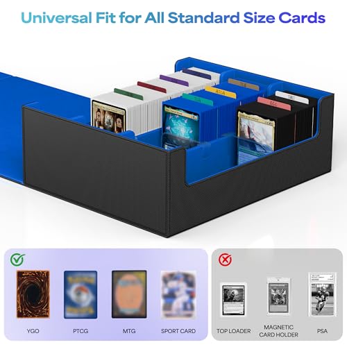 Image of UAONO Trading Card Storage Box, Holds 1800 Sleeved Cards with 10 Dividers & 3 Stoppers, Magnetic Closure PU Leather Card Case for MTG, PTCG, YGO, Sports Cards (Black&Blue)
