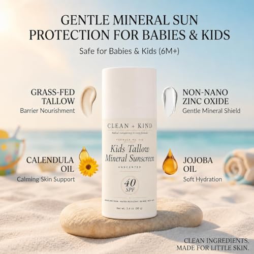 Image of Kids Sunscreen Mineral SPF 40 Unscented - Fragrance Free Non Toxic Baby & Toddler Sunblock with Non-Nano Zinc Oxide, Grass-Fed Tallow, Reef-Safe Sun Lotion, No White Cast (3.4 oz)