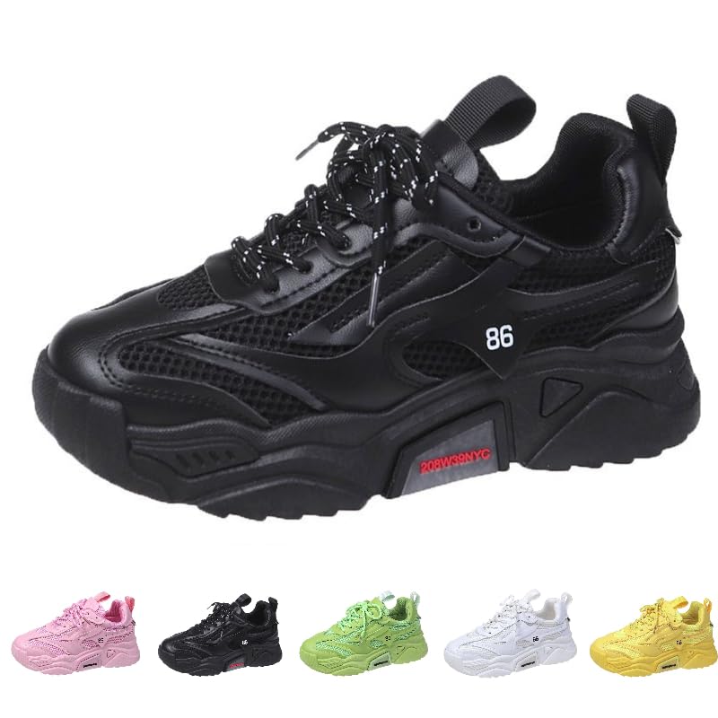 Women's Chunky Dad Sneakers - Candy Color Lace-Up Casual Shoes,Breathable Mesh Fabric,Platform Fashion Sneakers,Comfortable Walking Shoes