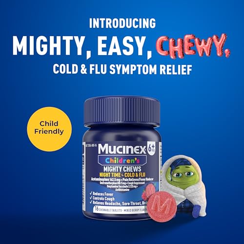 Mucinex Children's Mighty Chews Nighttime Cold and Flu Medicine, Children's Acetaminophen, Dextromethorphan, & Doxylamine Succinate, Kids Cough Medicine, Ages 6+, 16 Medicated Chewable Tablets - image 2