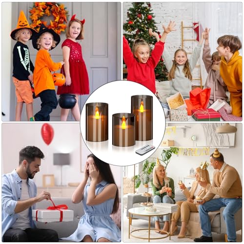 Flameless LED Candles with Remote Set of 3 Battery-Operated Acrylic Gray Pillars, 4", 5", 6" x 3" Diameter Flickering Effect with Timer Ideal for Home Décor Weddings Parties, Restaurants - Image 4