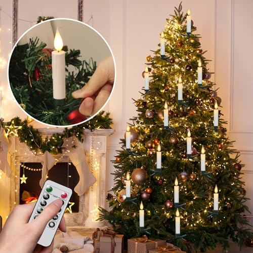 Image of Wondise 30pcs Christmas Flameless Taper Candle Christmas Tree Candle Lights Battery Operated Candles with Remote & Timer, Plastic Flickering LED Candles for Christmas Holiday Home Garden Decor
