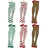 BOARDFEB 6 Pairs Thigh High Christmas Socks, Women Striped Over Knee High Long Xmas Striped Candy Cane Tight High Stocking Green White Stripe Socks for Christmas Women Girls Costume