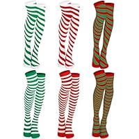 BOARDFEB 6 Pairs Thigh High Christmas Socks, Women Striped Over Knee High Long Xmas Striped Candy Cane Tight High Stocking Green White Stripe Socks for Christmas Women Girls Costume