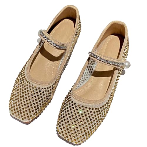 WENJIAZHIZHI Women's Pearl Mary Jane Flats Crystal Square Toe Ankle Buckle Dressy Ballets Flat Shoes Mesh Dress Ballerian Flats