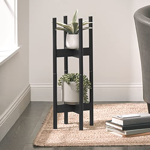 Mdesign Bamboo Wood Adjustable Plant Stand, Stackable Modern Mid Century Planter Holder; For Floor, Table; Base Adjusts To Fit 8-12 Inch Pot; Display Small, Large, Indoor Plants - 2 Pack - Black #TOP2