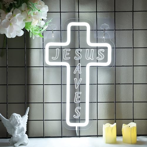 Image of Jesus Cross Neon Sign for Wall Decor, Attivolife Light up Special Religional LED Lamp with Dim USB Powered, Unique Home Living Room Business Cafe Shop Bar Party Decor Birthday Christmas Day Gift