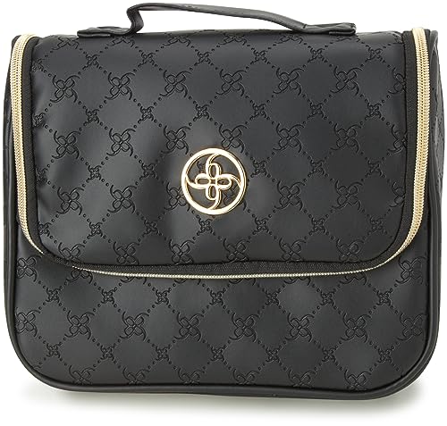 NINE WEST Black Makeup Bag Cosmetics Organizer Travel Essentials Hanging Hook Lattice Pattern Faux Leather Gold Trim