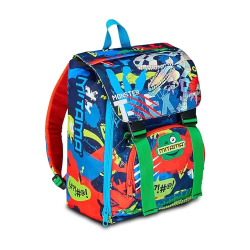Mitama Zaino Estensibile Fluo Rex con Tasca frontale, Blu e Verde, Scuola Elementare e Tempo Libero, Bambino Ragazzo