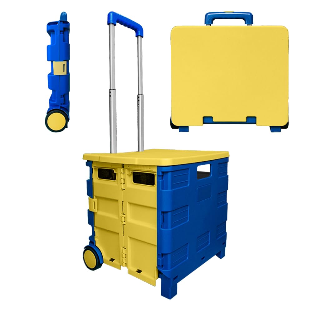 40L Foldable Shopping Trolley with Lid & 2 Wheels | Heavy Duty Plastic Trolly Cart with Telescopic Handle | Multipurpose Grocery Trolley, Camping Cart, Utility Wagon (Blue & Yellow)