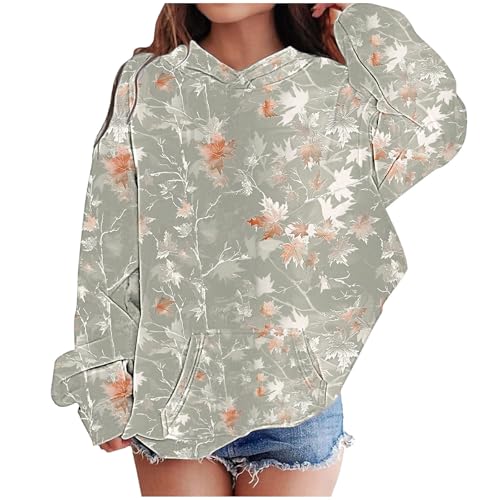 Camo Hoodies for Teen Girls Cute Sweatshirt Maple Leaf Print Oversized Fleece Sweatshirts Pullover Tops