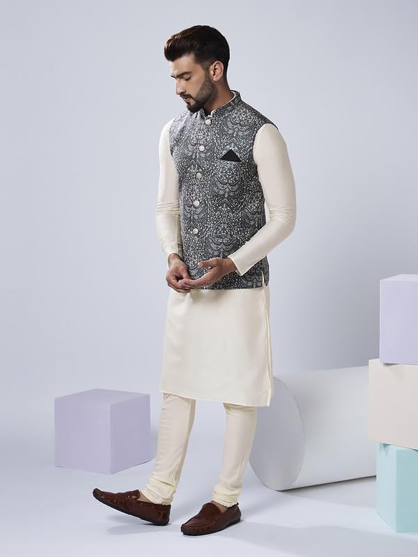 Image of KISAH Men Printed Kurta Jacket Set, Full Sleaves, Knee Length, Straight, Regular Fit, Mandarin Collar Ethnic Wear