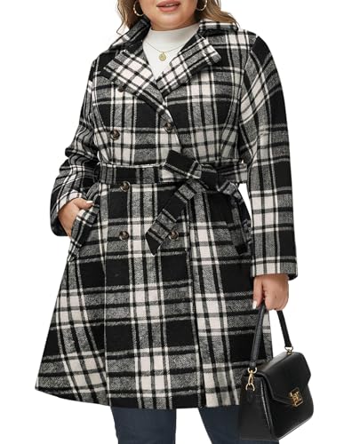 Image of Hanna Nikole Plus Size Womens Pea Coats Dressy Lapel Collar Double Breasted Wool Blend Over Coat Black Plaid 26 Plus