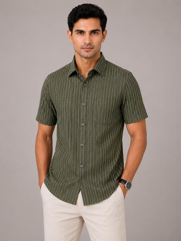 Image of MARK & ALBERT Men's Half Sleeve Cotton Linen Striped Shirt