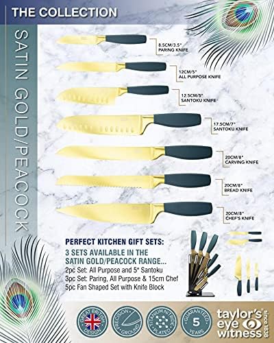 Taylors Eye Witness Stunning Satin Gold Coloured Serrated Bread Knife - Great looking Kitchen Utility Knives. 20cm/8 Razor Sharp Titanium Blade. Comfortable Peacock Coloured Handle. 5 Year Guarantee.
