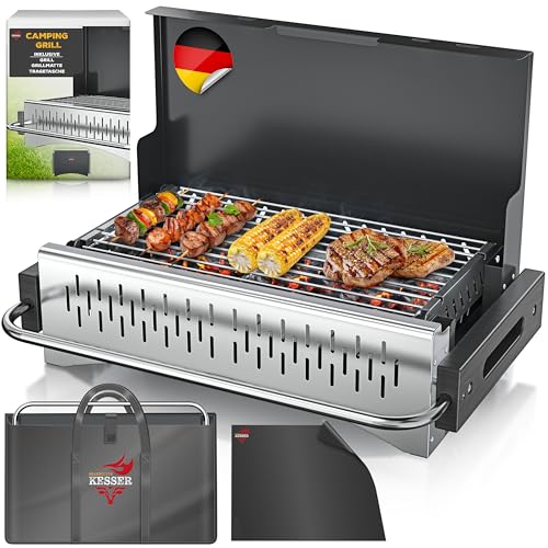KESSER® Klappgrill tragbarer Camping Grill | Holzkohlegrill aus pulverbeschichtetem Stahl inklusive Grillrost, Grillmatte & Tragetasche | Faltbar BBQ ideal für Camping, Picknick & Angeln