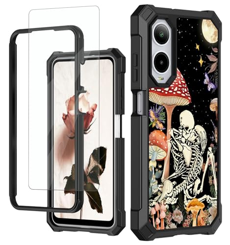 RAUEDWDJS for Cricket Debut S3 2024/AT&T Vista 2 Phone Case with Tempered Glass Screen Protector,Full-Body Hard PC & Soft TPU Bumper Shockproof Protective Case-Moon Mushroom Skulls