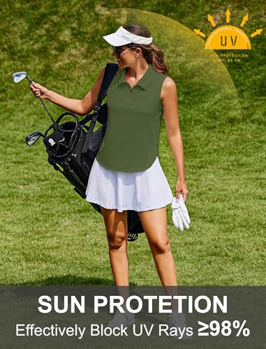 Image of PINSPARK Women Golf Shirts Sleeveless UPF 50+ Tennis Polo V-Neck Quick Dry Athletic T Shirt 1 /4 Zip Collar Workout Tank Top