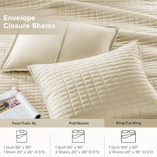 Comfort Spaces Kienna Quilt Set- Double Sided Stitching Design Summer Blanket, Lightweight, Soft, All Season Bedding Layer, Matching Sham, Ivory, Coverlet King (104"x90") 3 Piece