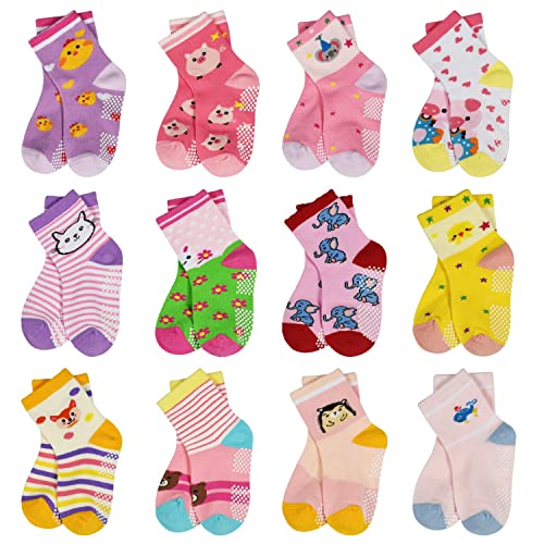 Calcetines para bebé ABS de 0 a 6 meses, 12 pares de calcetines antideslizantes para niños y niñas, 23 a 26 27 a 30, para bebés de 0 a 6 a 12 a 18 meses, Koala & Cerdo (12 Pares), 0-6 Meses Cover