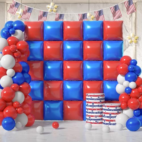 Organfey Red Blue White Independence Day Balloon Arch Garland Kit Square Foil Balloons Wall Tunnel Backdrop For Patriots 4th of July Memorial Nautical Veterans Graduation Party Background Decorations