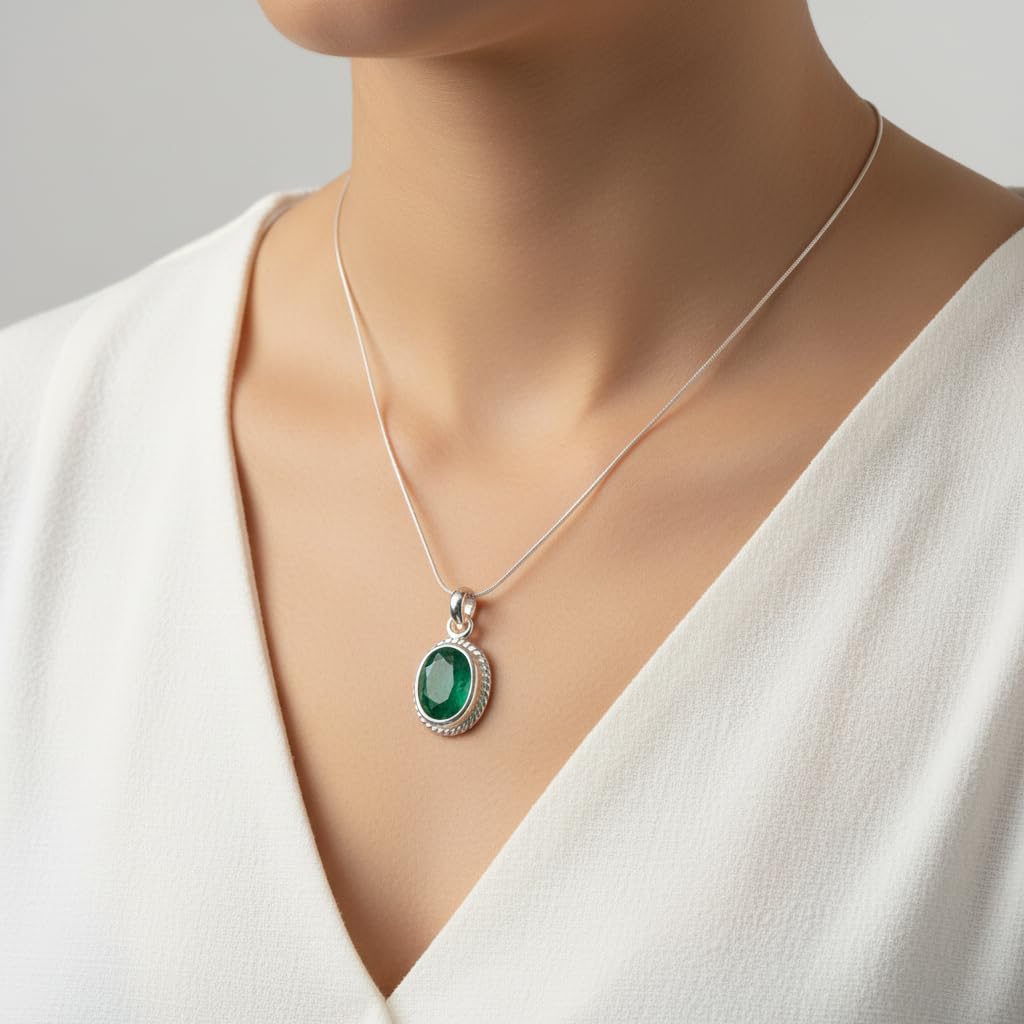 55Carat Natürlicher echter Smaragd Anhänger 7 Karat oval 92,5 Sterling Silber Halsketten