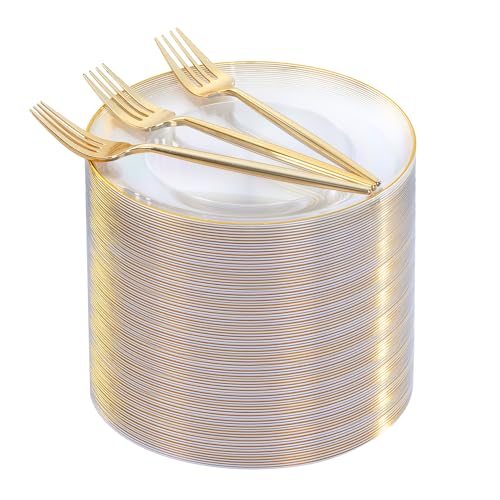 Rubtlamp 200Pcs Clear Gold Dessert Plates With Plastic Gold Forks,