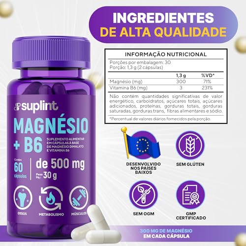 Malato de Magnésio 500 MG e Vitamina B6 | Suporte Muscular, Nervoso e Metabólico | Alívio de Estress