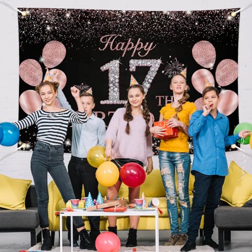 JOYKY Happy 17th Birthday Banner, Rose Gold 17th Birthday Party Decorations for Girls, 17 Year Old Birthday Supplies Backdrop Décor, 5.9 X 3.8 Fts by JOYKY - Used condition - Image 4