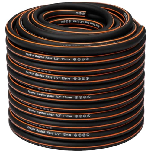 Fevone Manguera Jardin 50 Metros, para jardín, Φ13 mm (1/2 pulgadas), 4 capas, 25 bar, muy resistente, portátil, exterior, flexible, resistente, con correa, protección contra torceduras, negro/naranja