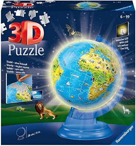 Ravensburger Light Up World Globe for Children Age 6 Years Up - 3D Jigsaw Puzzle - 180 Pieces - No Glue Required - Educational Gifts for Kids