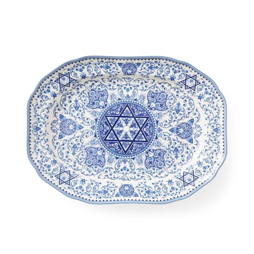 Spode Judaica Collection Oval Platter - 14 Inch Blue & White Porcelain Serving Tray for Roast, Fish, Challah - Shabbat and Jewish Holiday Serveware with Star of David - Microwave & Dishwasher Safe