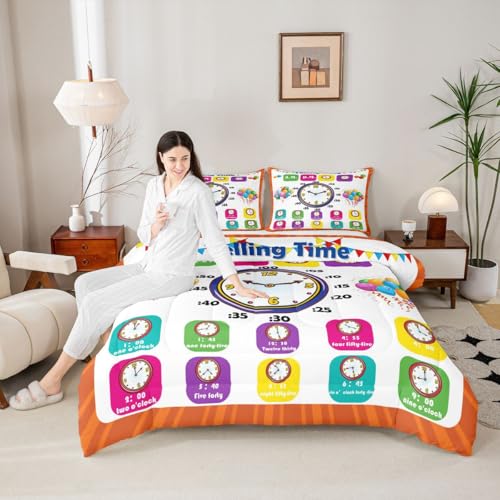 Image of Feelyou Educational Bedding Set King, Time Learning Comforter for Kids Boys Girls Time Colock Comforter Set Educational Duvet Set 3Pcs
