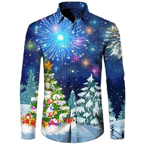 Genérico Camisa Navidad Hombre, Camisas Hombre Estampadas Manga Larga, Transpirables con Botones Patrón Impreso Talla Grande Camisas Retro Elegante Moda Cómodo Shirts para Festas Temáticas