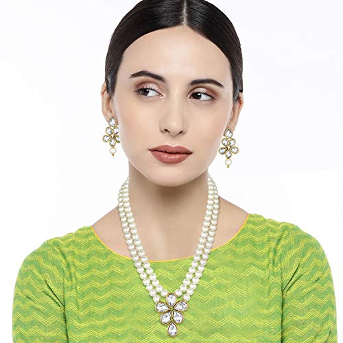 Image of Peora Crystal Faux Pearl Kundan Necklace & Jewellery Set Gift for Women